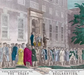 Am 4. Juli 1776 verlassen Mitglieder des Zweiten Kontinentalkongresses die Independence Hall in Philadelphia, nachdem sie die Unabhängigkeitserklärung von Großbritannien angenommen haben, aus einem Druck des 19. Jahrhunderts